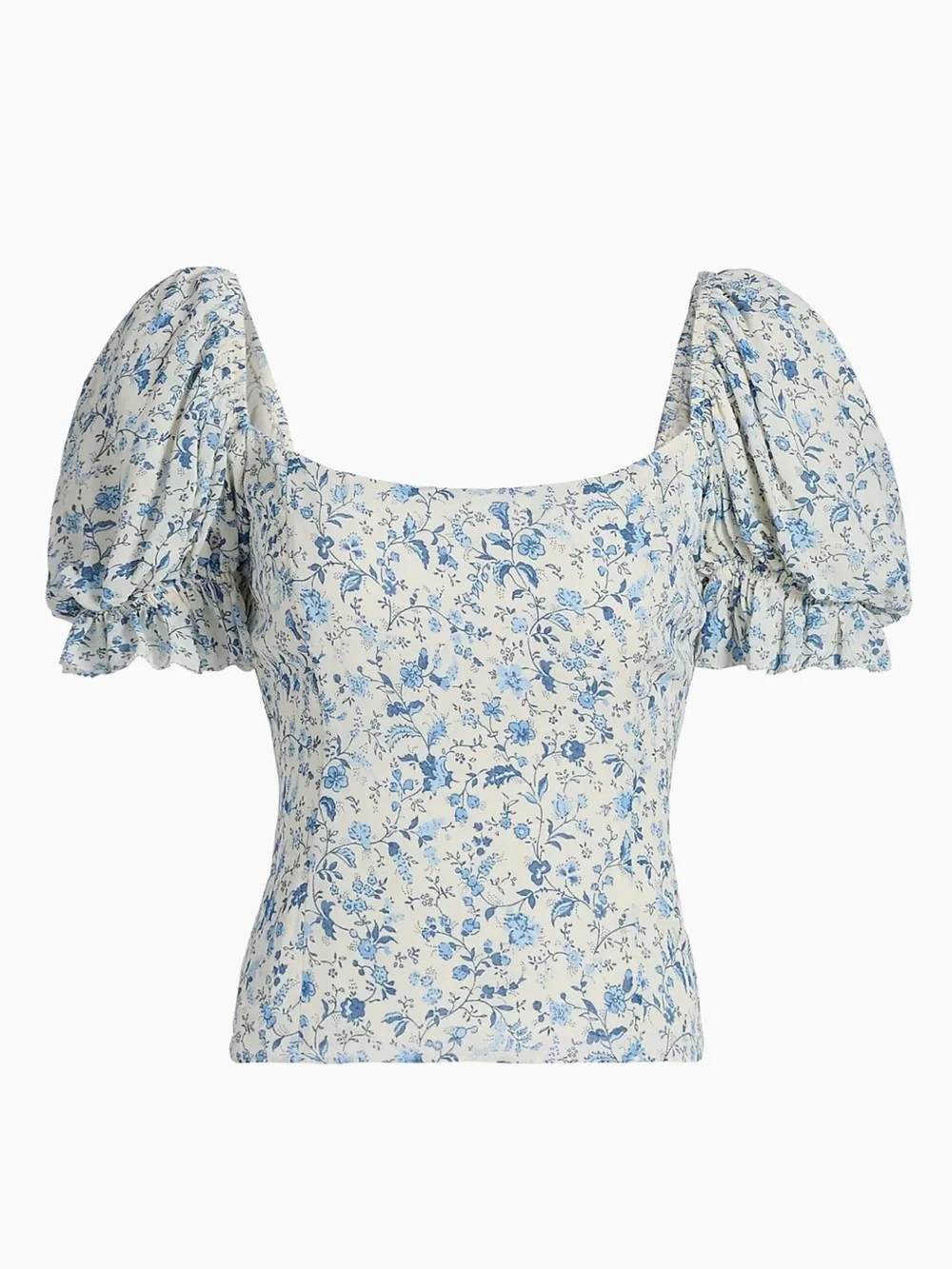 Reformation Marin Floral Top Floral Square-Neck Puff Sleeve Top - Blue/White